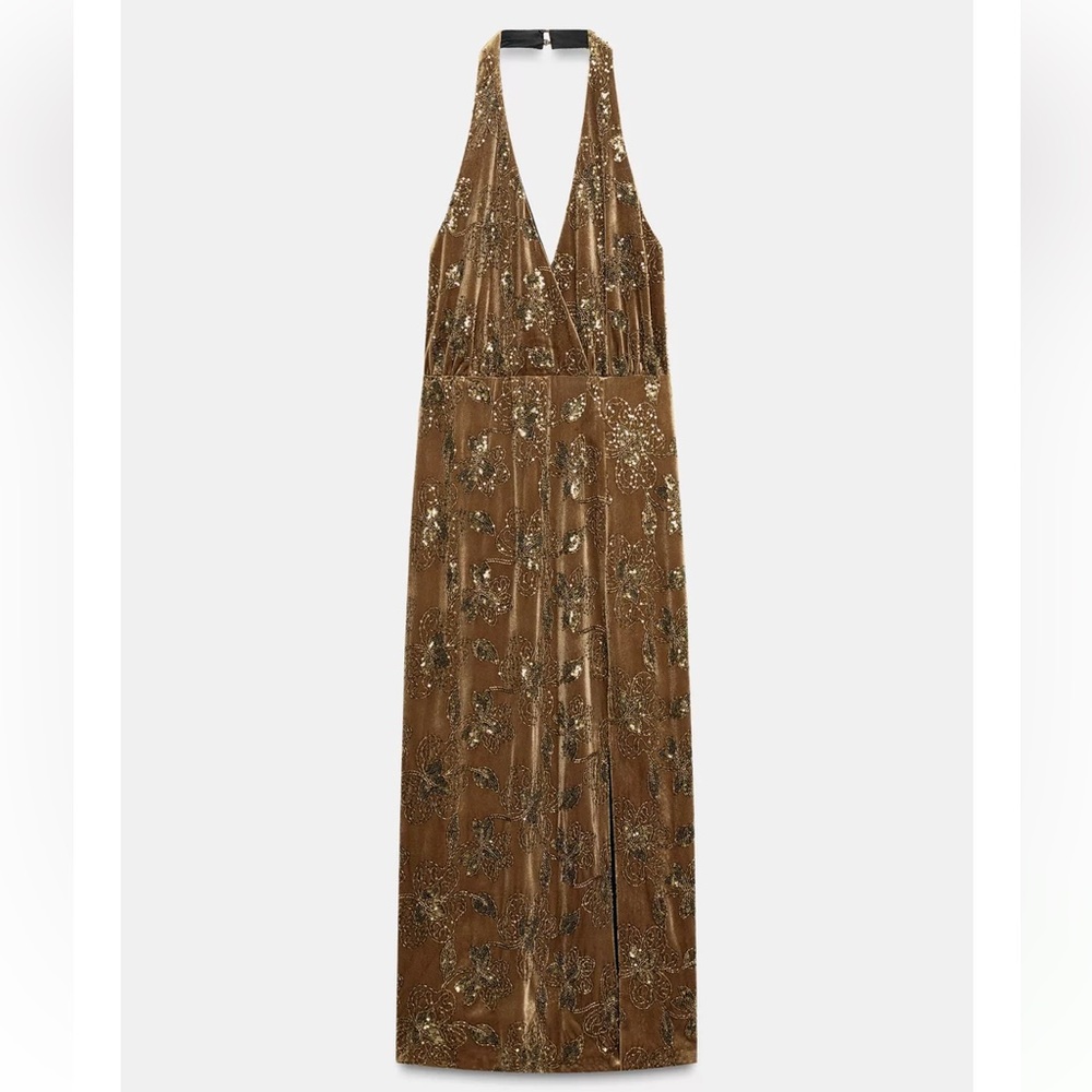 Zara NWT midi halter velvet and floral sequin dress - Picture 10 of 13